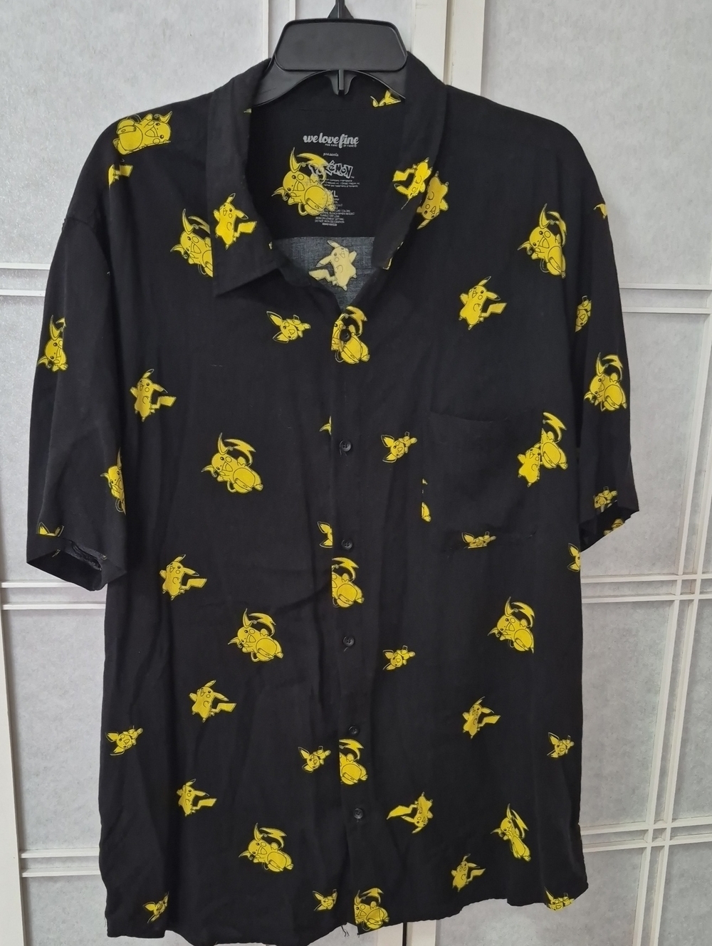 We Love Fine Black Short-Sleeve Button-Down Shirt with Yellow Pikachu Print